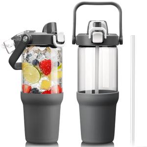 HYDRAGLAZIC Glass Tumbler with Carry Handle, Clear Glass Water Bottle with Leakproof Lid, Spout Lid&Straw, BPA-Free, 32 oz, Grey