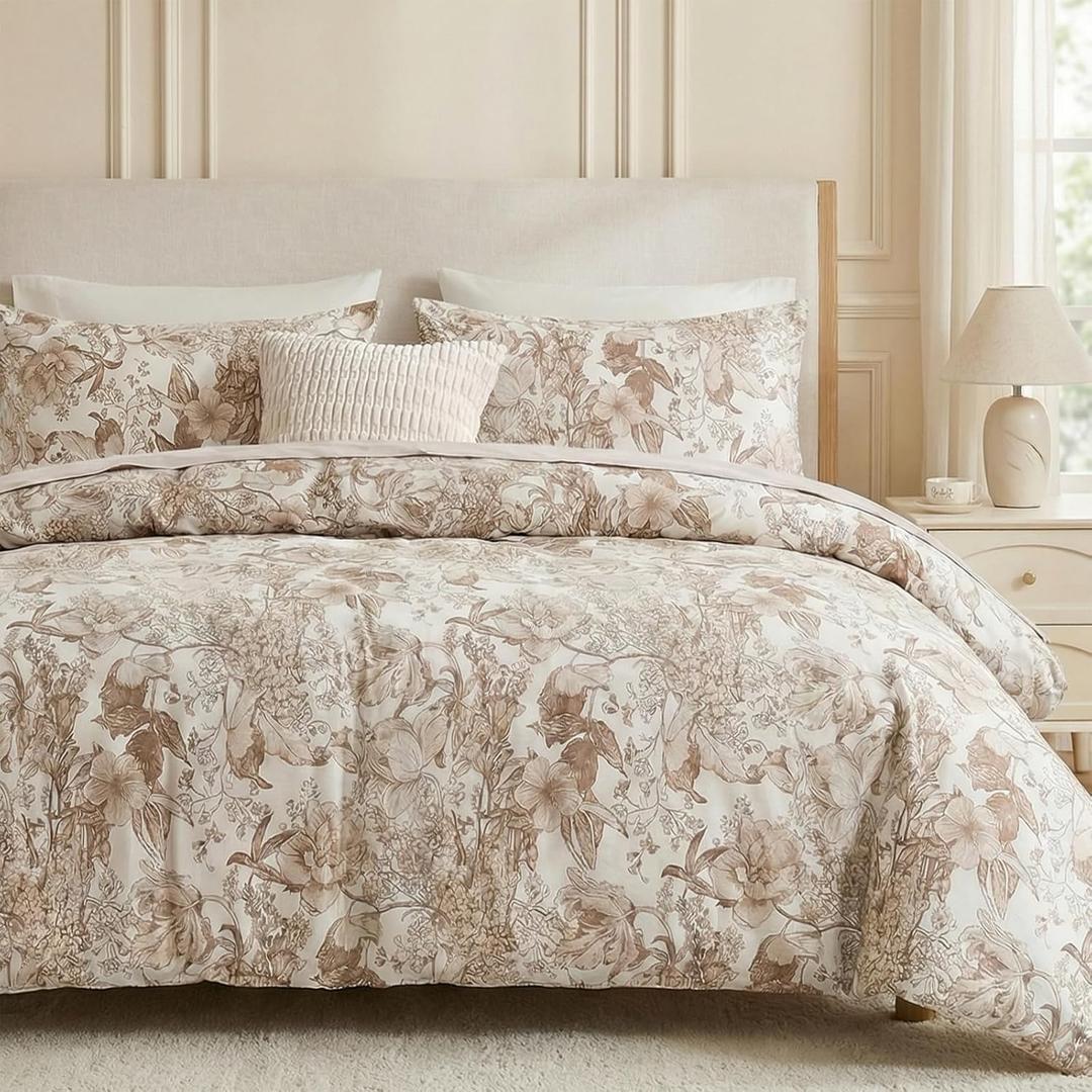 Khaki Floral Duvet Cover King Size 100% Cotton Vintage Botanical Duvet Cover Set 3 Pcs Soft Flower Bedding Set Breathable and Lightweight