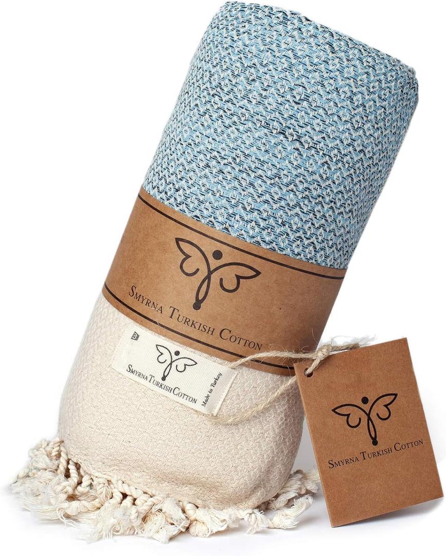 SMYRNA TURKISH COTTON Throw Blanket Vintage Series, 60x80 inch, Outdoor Blankets, Throws and Blankets for Couch, Sofa, Bed, Chair, Beach Picnic, Travel Boho Turkish Blanket Throw, Light Blue (60"x80")