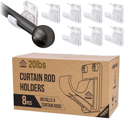 8pcs Heavy Duty Curtain Rod Holders with Wide Hook, 5X Stronger Than Adhesive Curtain Rod Hooks, 20 LBS Tension Curtain Rod Bracket for Wall with Level and Pin Guide, Curtain Wall Mount