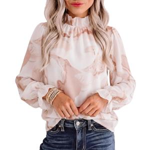 Cuffbow Women Floral Blouse Puff Long Sleeve Ruffle Shirt Mock Neck Chiffon Boho Top 2026 Trendy Pleated Dressy Casual Outfit (S) Brown (S)