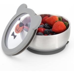 MR. CHOU Baby Bowls with Non-Slip Silicone Suction Cup, Insulated Double-Layer 18/8 Stainless Steel Toddler Bowls with BPA Free Airtight Lids, Food-Grade Silicone Safe for Kids (Gray)