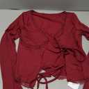 CSDAJIO Women's Lace Open Front Tie Long Sleeve Deep V Neck Crop Top Sexy Ruffle Trim Going Out T Shirt Size S