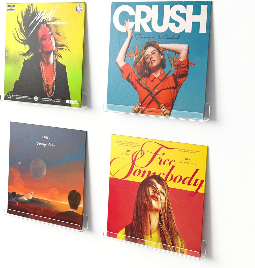 upsimples 4 Pack Vinyl Record Wall Mount Shelves, 12" Vinyl Holder for Album Record Storage & Display, Clear Acrylic Floating Shelves for Wall Decor, Kids Bookshelf, Magazine Rack, Picture Ledge