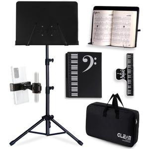 GLEAM Sheet Music Stand - Full Metal with Carrying Bag, Phone Holder, Sheet Music Folder and Clip, 5 in 1 Desktop Book Stand, Black 