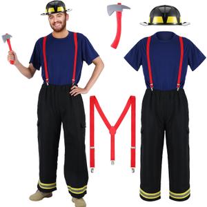 Hicarer 5 Pcs Firefighter Costume for Men Fireman Helmet Axe T Shirt Pants with Attached Suspenders Halloween Cosplay Outfit (XL, Black)