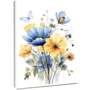 HVEST Blue and Yellow Floral Wall Art Watercolor Flower Butterfly Aesthetic Plant Bathroom Wall Decor, Rustic Wildflower Wall Art for Living Room Bedroom Kitchen Home Office, 20L x 16W Inches