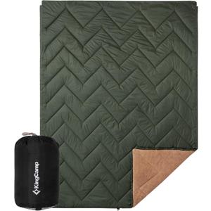 KingCamp Large Camping Blanket with Sherpa Lining, Packable Down Alternative Puffy Printed Wearable Blanket with Snap Buttons, Warm Weatherproof Quilt for Outdoor Travel (79" L x 57" W, Khaki/Olive)