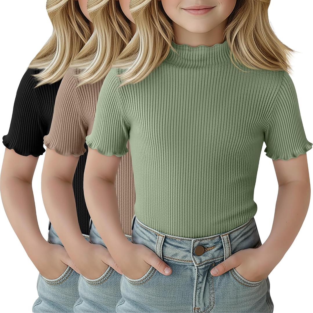 2 x 3 Pack Girls Shirts Short Sleeve Mock Turtleneck Cotton Cute Lettuce Trim Summer Tops 13-14Y Kids Clothes