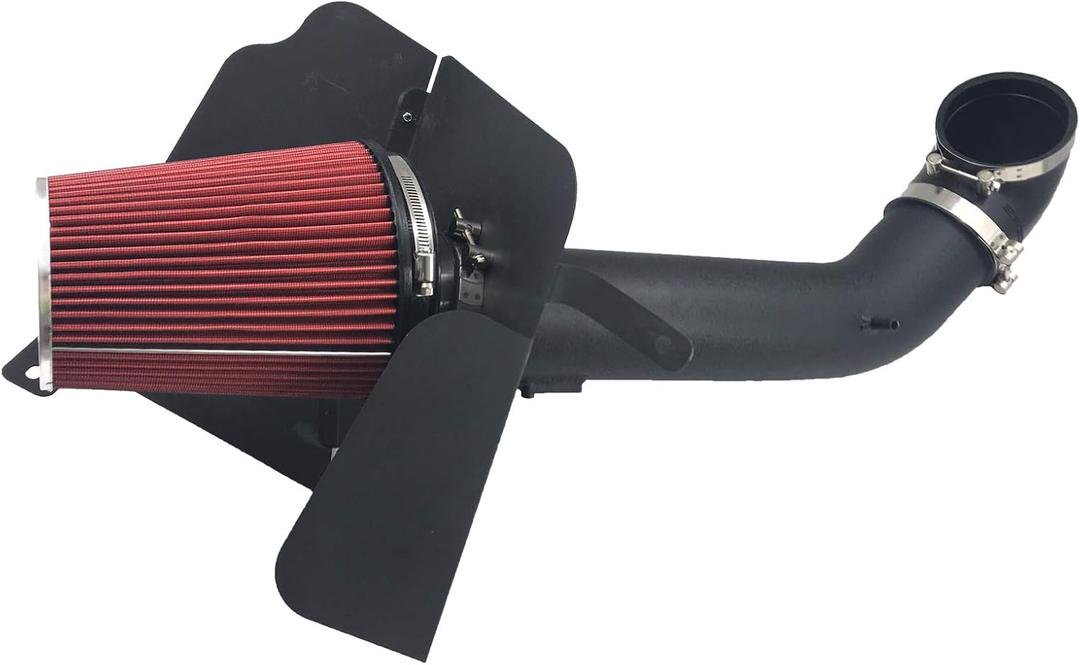4 inch Cold Air Intake & Heat Shield for 09-14 Silverado 1500 GMC Sierra 1500 Yukon Cadillac Escalade ESV EXT (Black Tube & Red Filter)