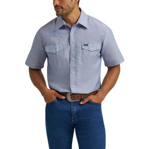 Wrangler Men's Short Sleeve Western Snap Work Shirt, Chambray Blue, Medium Tall