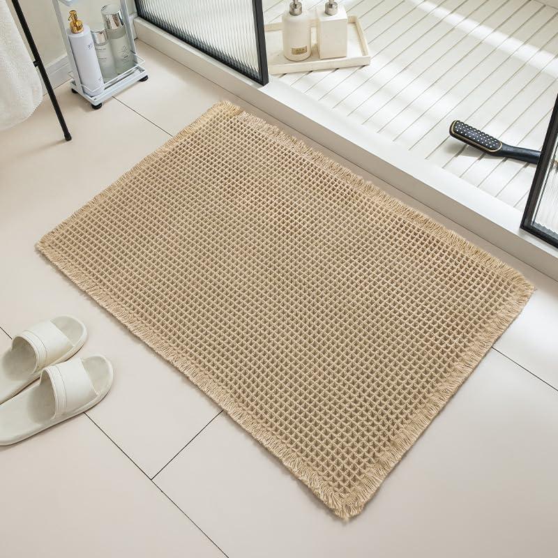 Bohemian Waffle Bathroom Rugs, Non-Slip Washable Bath Mat, Ultra-Soft Shower Mat with Rubber Backing, Brown