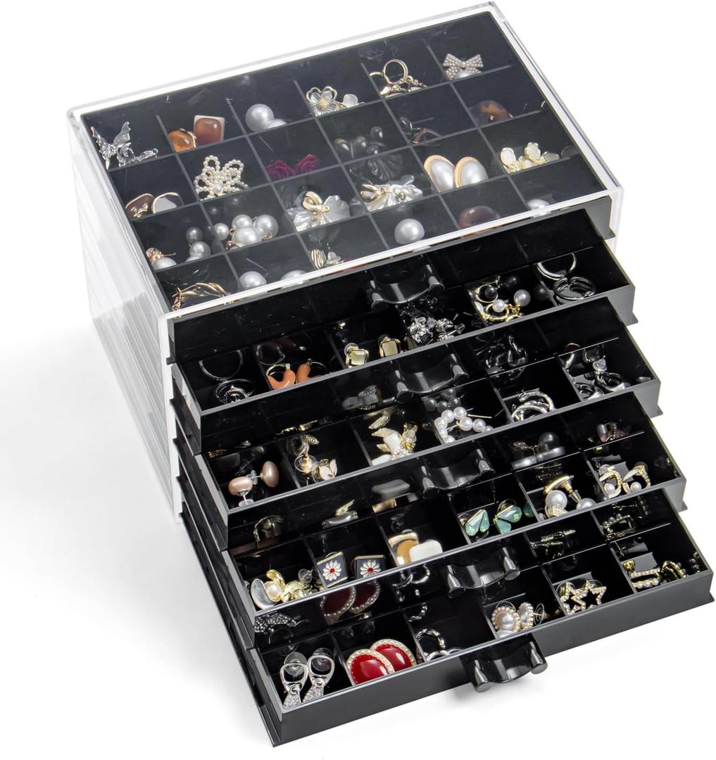 YUFONG Earring Storage Box Organizer, Acrylic Jewelry Storage Box Holder 5 Drawers Transparent Jewelry Display Stand with 120 Small Compartments Gift Boxes for Women Girls (Black)