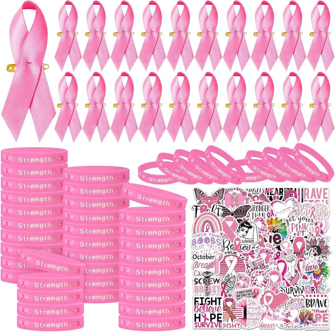 150 Pcs Breast Cancer Awareness Gift Set Include Pink Ribbon Silicone Bracelets Lapel Pins Stickers for Breast Cancer Charity Event Fundraising Activity Women Survivor Campaign Party Supplies