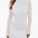OFEEFAN Women's Bodycon Mock Neck Mini Dress Mesh Long Sleeve Club Party Dresses White M