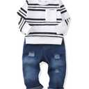 XUANHAO 4T 5T Boy Clothes Winter Kids Outfits for Boys Fall Clothing Long Sleeve Crew Neck Pullover Denim Pant Sets Stripe Sweatshirt Ripped Jeans Boys Clothes Size 4-5T