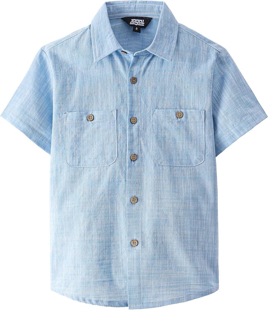 JOGAL Boys Chambray Shirts Short Sleeve Button Down Casual Cotton Woven Shirt with Two Pockets for Kids 8 Years (Blue)