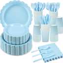 Xiangqu 350 Pcs Light Blue Paper Plates and Napkins, Boy Baby Shower Decorations Include Baby Blue Scalloped Plates, Napkins, Cups, Plastic Spoons, Forks, Knives for Bridal Shower, Wedding, Birthday