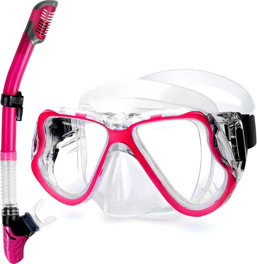 Greatever Dry Snorkel Set,Panoramic Wide View Anti-Fog Scuba Diving Mask,Professional Snorkeling Gear for Adults Kids (Large, Pink)