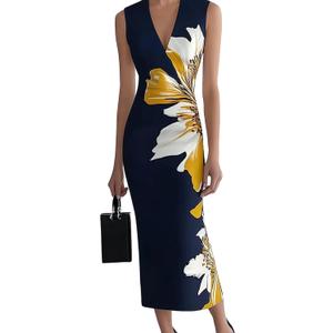 HVT Women's Dress Wedding Guest Party Dresses Floral Print Halter Neck Maxi Dress Sleeveless Bodycon Long Dresses (Blue, XXL)