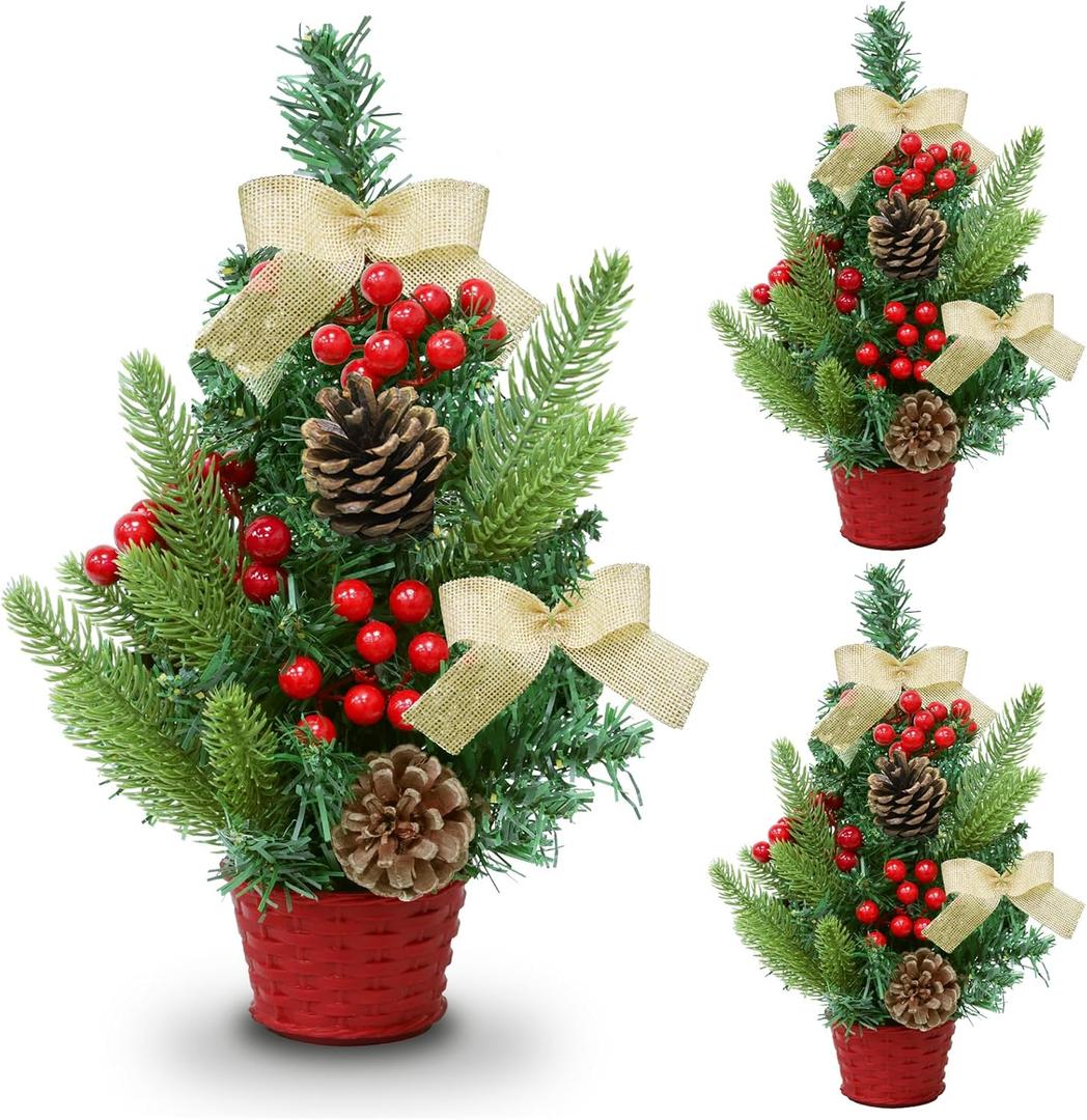 3 Pack 12 Inch Mini Christmas Tree, Table Top Christmas Trees with Red Berries Pine Cones Bows Norfolk Pine Tips, Tabletop Miniature Trees for Christmas Table Decorations Desk Home Indoor Xmas Decor