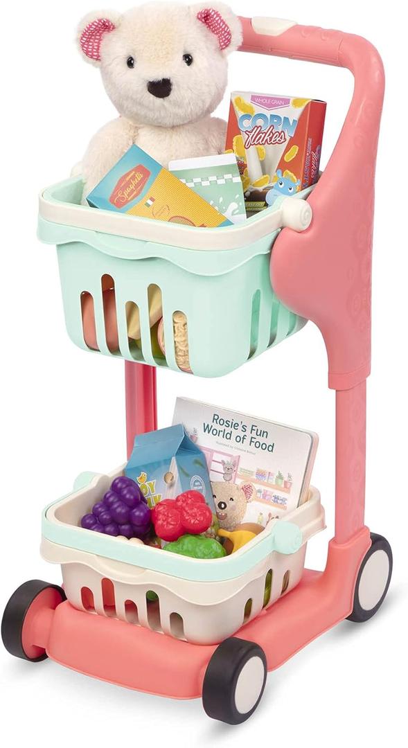 B. Toys  Musical Shopping Cart  25 Pieces of Play Food  Educational Board Book  Teddy Bear  2+ Years  Shop & Glow Toy Cart  Plush & Book