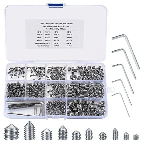 400 Pcs Set Screw Assortment Kit, Hex Allen Head Socket Cup Point Screws Set, Metric M3/M4/M5/M6/M8 Internal Hex Drive Grub Set Screws for Door Handles, Bathroom Fixture, with Hex Wrenches