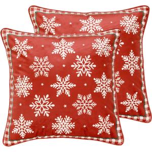 ISAENNE Design Square Classic Chrismas Style Throw Pillow Covers 18"x18" Set of 2, Red Soft Velvet Cushion Cover with Snowflakes Pattern Decor Pillowcases for Bed,Living Room,Outdoor,Car