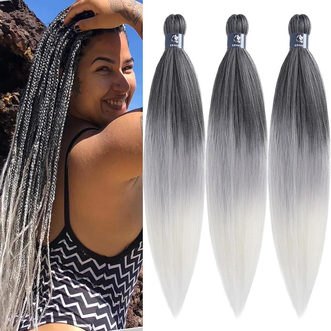 Ombre Braiding Hair Pre Stretched 1B Gray Kanekalo Braiding Hair Extensions for Braiding Box Braids Knotless Prestretched Pre Sectioned Braiding Hair Ombre 26 inch