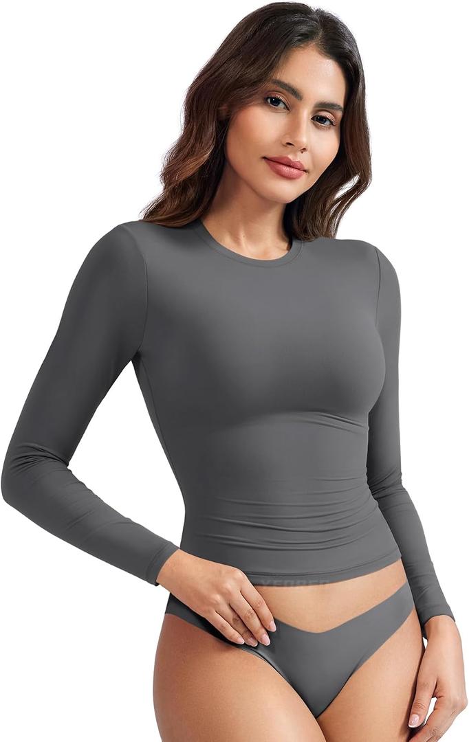 YEOREO Long Sleeve Shirts for Women y2k Tops Double Lined Basic Tee Crew Neck Going Out Sweeney Workout Undershirt Coal S