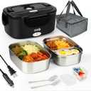 Electric Lunch Box 80W Food Warmer for Work, 12V/24V/110V Portable Lunch Warmer for Adults with 2-Pack Stainless Steel Containers, Heated Lunch Box for Car/Truck/Office/Outdoors (Black+Black)
