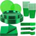 WELLIFE 210Pcs Green Plastic Plates, Clear and Green Plates Set, Party Supplies Including Plastic plates, 12OZ Cups, Disposable Cutlery and Paper Napkins Serve 30 Guests