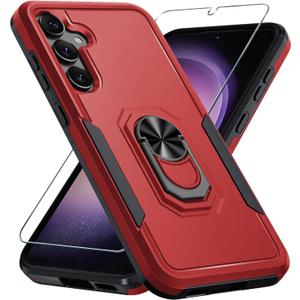 Compatible with Samsung Galaxy S24/S25 Case with Screen Protector Tempered Glass,Heavy Duty Shockproof Full Body Phone Cover Built in Metal Ring Holder Kickstand,2025 Red