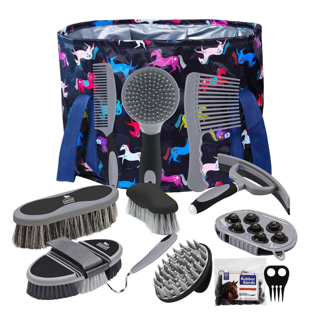 Harrison Howard Horse Grooming Kit 11-Piece Equine Care Series Horse Brush Sets with Organizer Tote Bag Tack Room Supplies Shedding Grooming Massaging Tools Black Brushstroke Ponies