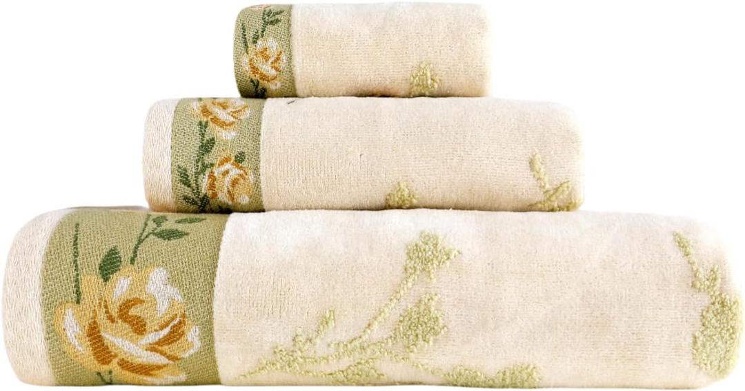 3 Piece Premium Bath Towel Set (Flowers), 1 Bath Towel 1 Hand Towel 1 Washcloth, Quick-Drying, 100% CottonOeko-TEX Certified (Yellow)