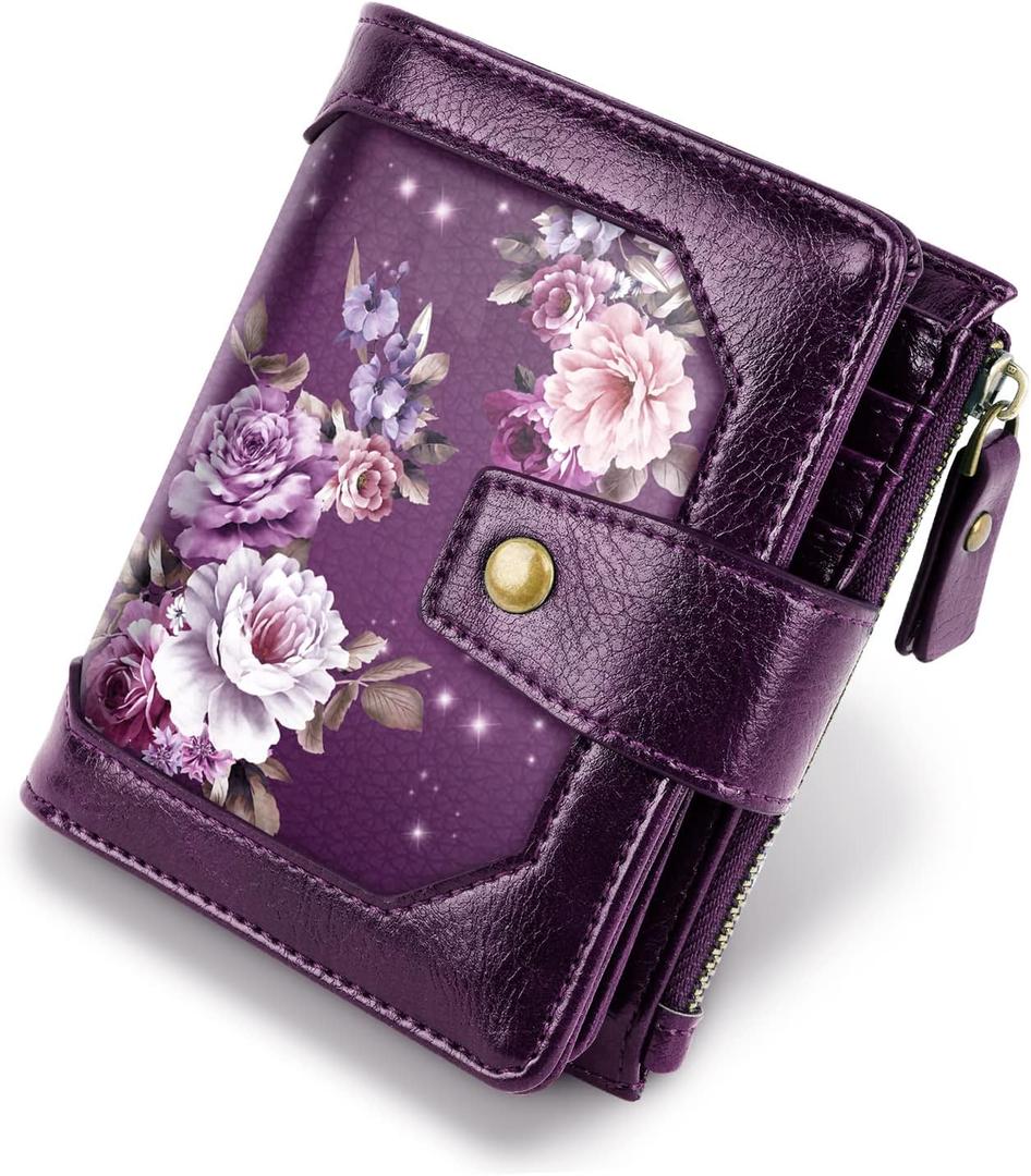Small Wallet for Women, RFID Blocking Leather Compact Billfold RFID Blocking Zipper Wallet with ID Window, Purple Flowers