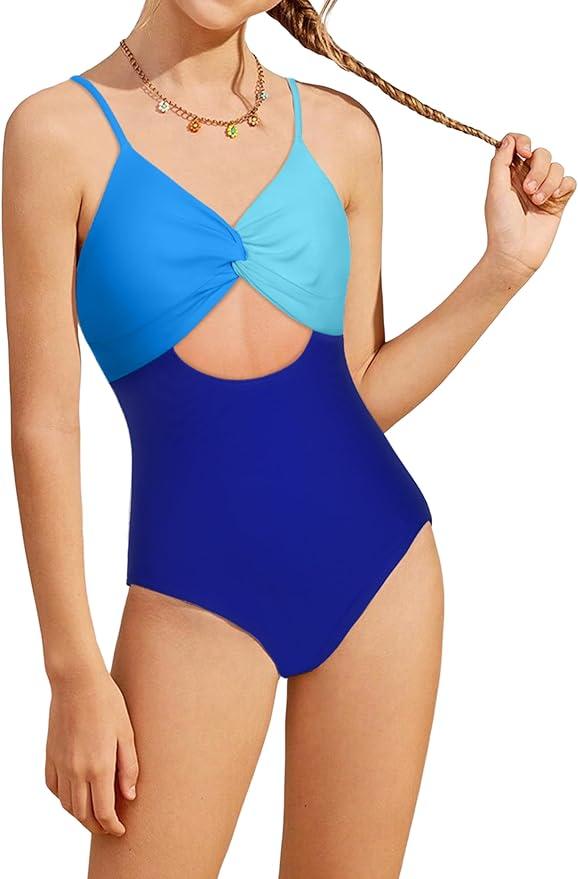 NECIOUS Girls Swimsuit One Piece Girl Bathing Suits Color Block Cutout Teen Girls' Swimwear with Cover Up Skirt Size 14,16Y