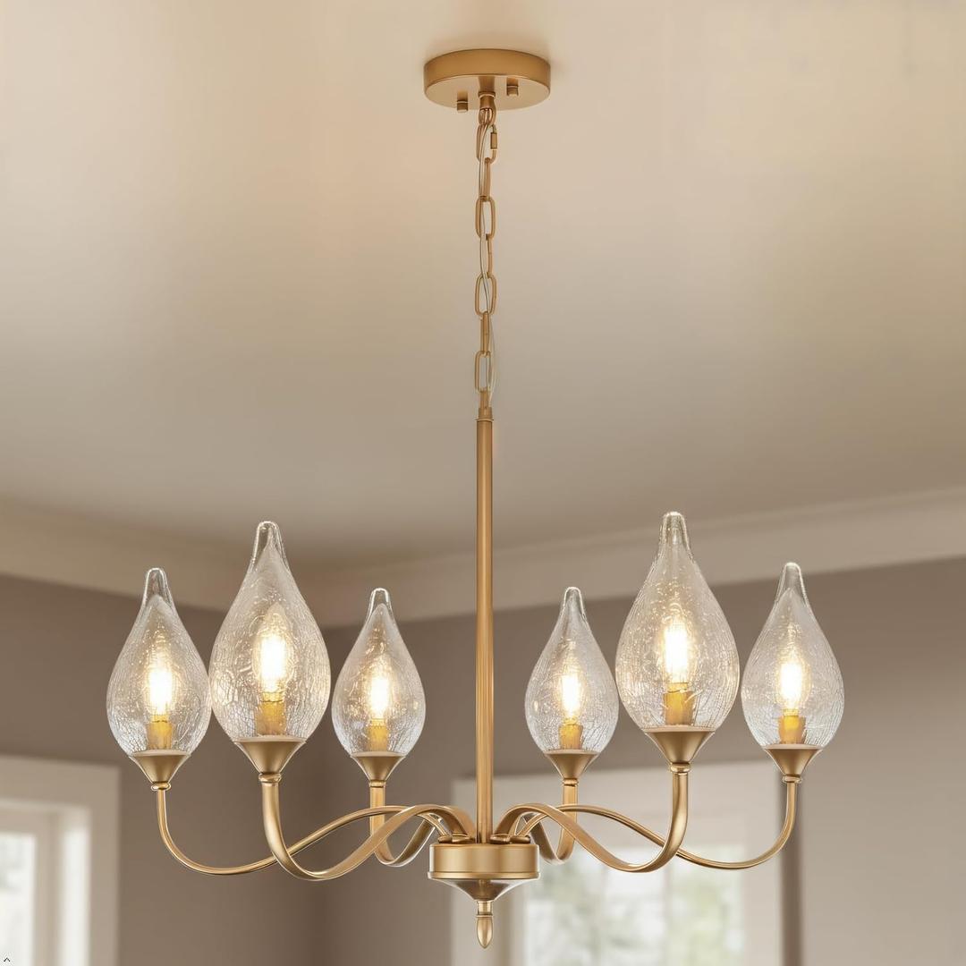 6-Light Farmhouse Brass Gold vintage Chandelier 23.6 Inch - Rustic Industrial Iron Candle Hanging with Clear Glass Shades - Dining Room Lighting Fixture for Hallway, Living Room, Foyer, Kitchen Island