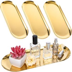 4 Pack Gold Stainless Steel Decorative Trays, 12 Inch Oval Jewelry Dish Cosmetics Organizer Bathroom Clutter Serving Platter Small Storage Tray