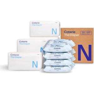 Coterie Baby Wipes + Diapers Kit, Size Newborn Diapers (186 Count) & 8 Pack (448 Count) Baby Wipes with 99% Water, Plant Based Materials, Hypoallergenic for Sensitive Skin, Baby Essentials
