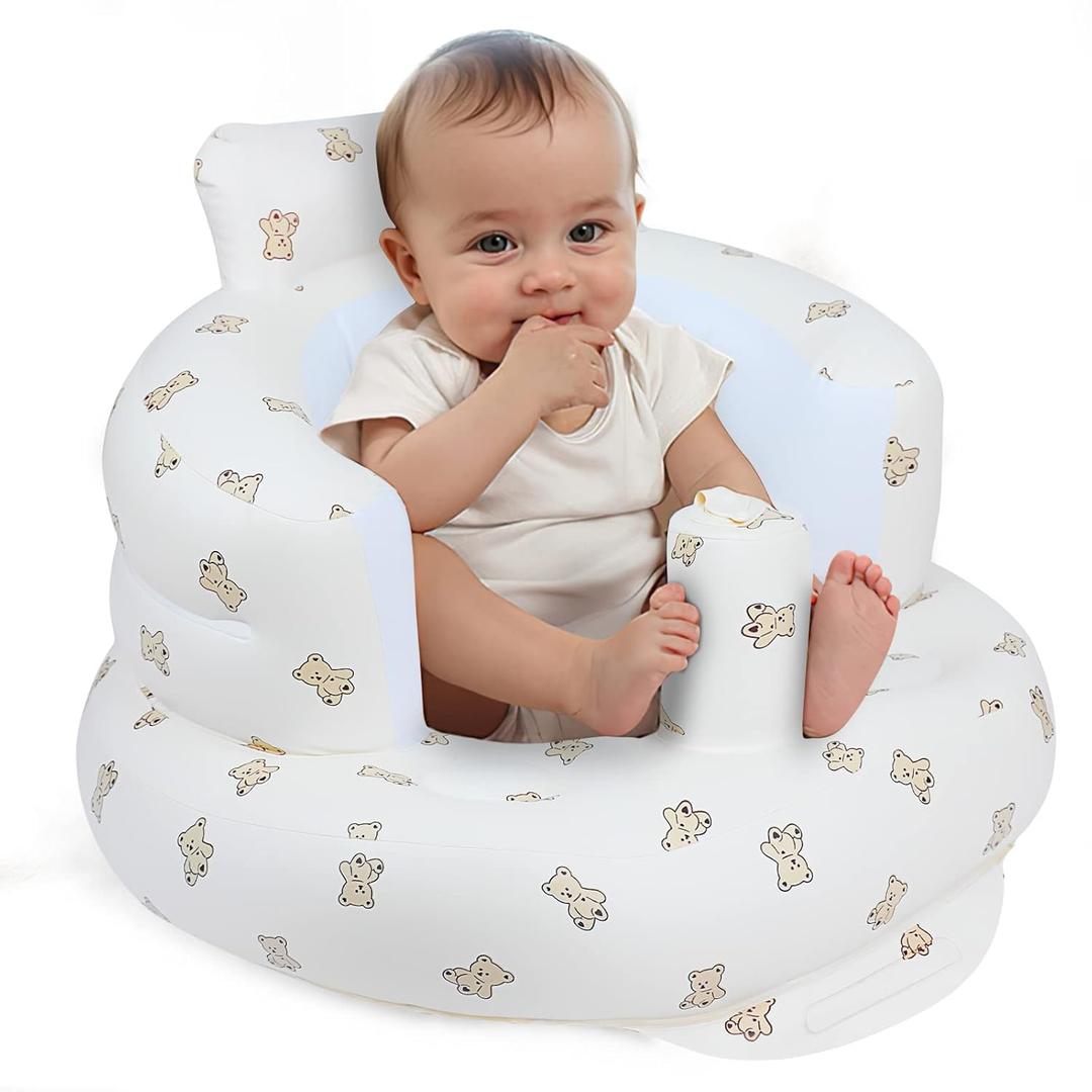 EKEPE Inflatable Baby Seat for Babies 3 Months & Up, Baby Floor Seats for Sitting Up, Baby Seats for Infants, Blow Up Baby Chair with Built in Air Pump - Bear (Beige)