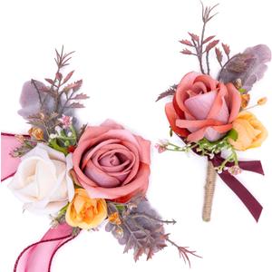 Fnize Orange Pink Corsage and Boutonniere Set, Artificial Rose Boutonniere and Wrist Corsage Flower for Bride Groom Bridesmaids Groomsmen Wedding Homecoming Prom Flowers