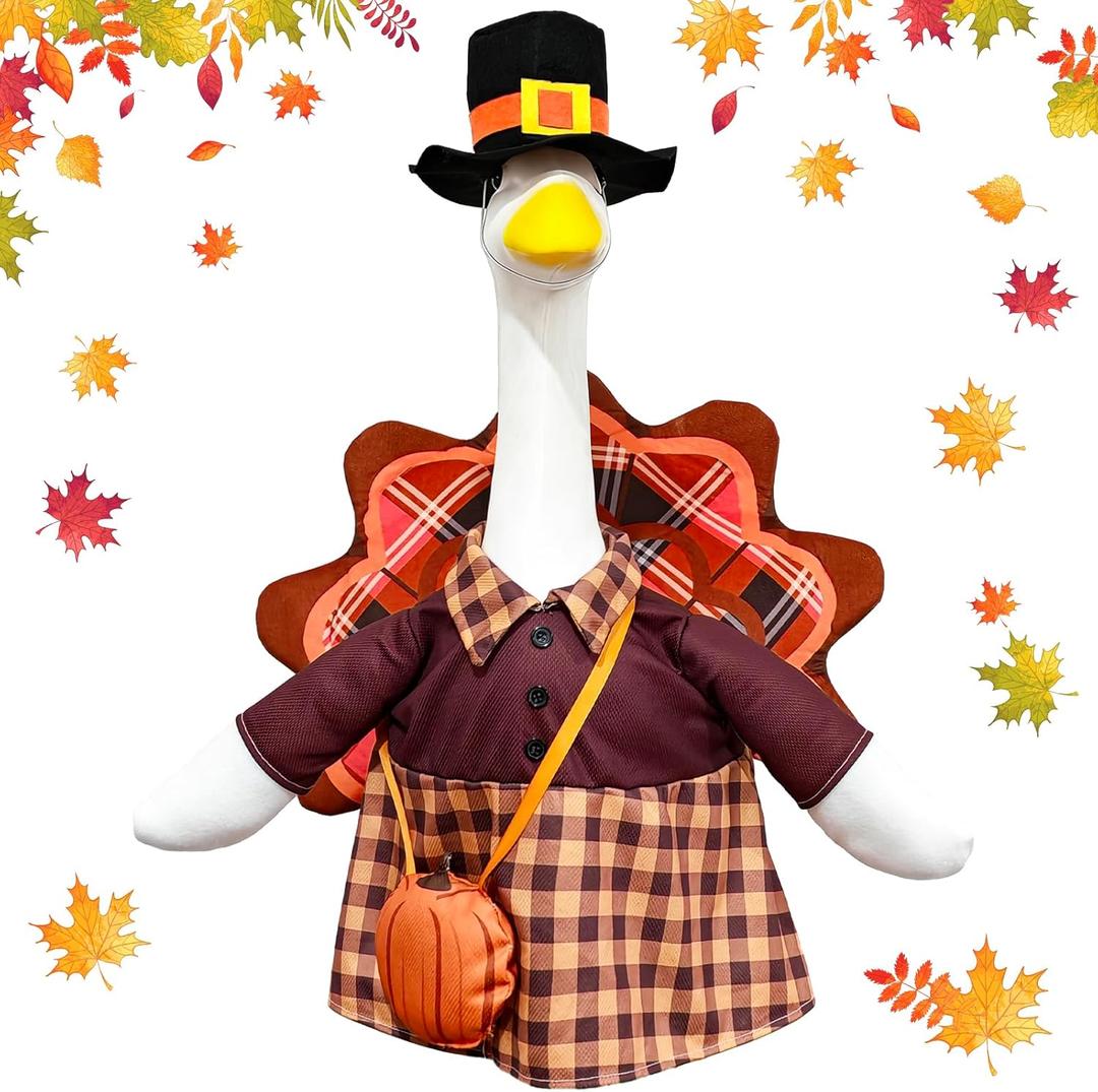 Thanksgiving Turkey Porch Goose Outfits Fall Plaid Pumpkin Lawn Goose Clothes Fits 23 Inch Cement Plastic Statue for Autumn Outdoor Garden Yard Patio Decoration
