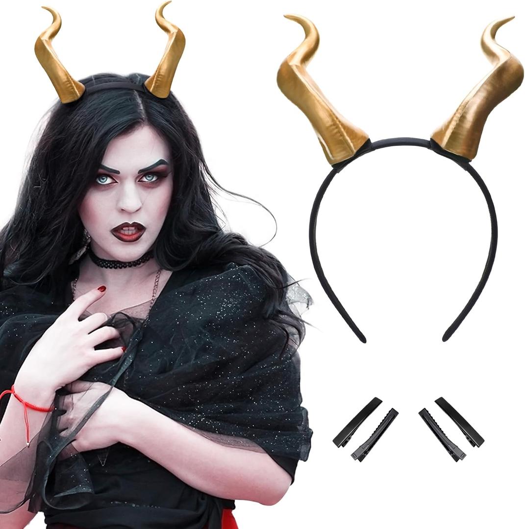 MOSTORY Devil Horns Headband for Adult - Demon Horns Headband for Halloween Cosplay Outfit Renaissance Photo Shoot Props (Gold)