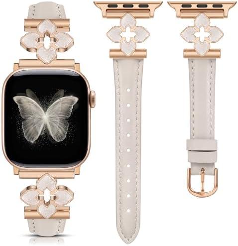 Minyee Compatible with Apple Watch Band 42/41/40/38/44/45/46/49mm Women, Slim Dressy Chic Premium Soft Leather Strap with Bling Dainty Flower Charm for iWatch Series 11 10 9 8 7 6 5 4 Ultra/SE 3 2 1