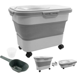 20-30 Lbs Rice and Pet Food Storage Container - Collapsible Airtight Food Storage with Rolling Wheel & Locking Lid, Flour Container with Cup & Scoop for Rice, Flour, Pet Food (Grey)