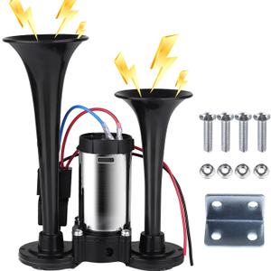 Upgraded 12V 600DB Air Horn Dual Trumpets, Super Loud Truck Train Horns Kit with Air Compressor for Any 12V SUV Motorcycle Trucks Pickup Lorries Trains Cars Boats