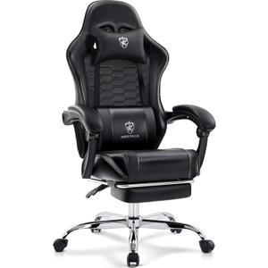 Gaming Chair,Computer Office Chair with Footrest,Massage Lumbar Support and Gel Pad,Ergonomic Reclining Adjustable Leather Gamer Chair with Headrest and Spring Cushion Black