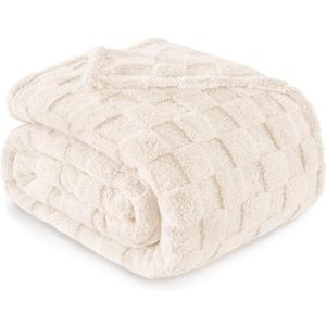 Exclusivo Mezcla Queen Size Flannel Fleece Blanket, Super Soft and Warm Lightweight Checkered Pattern Blankets for All Seasons, 90x90 Inches, Ivory