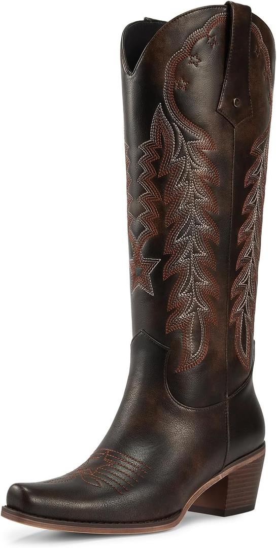 wetkiss Cowboy Boots for Women Knee High Cowgirl Boots Retro Embroidered Chunky Heels Pointed Toe Western Long Tall Boot Pull On (8.5, Darkbrown)